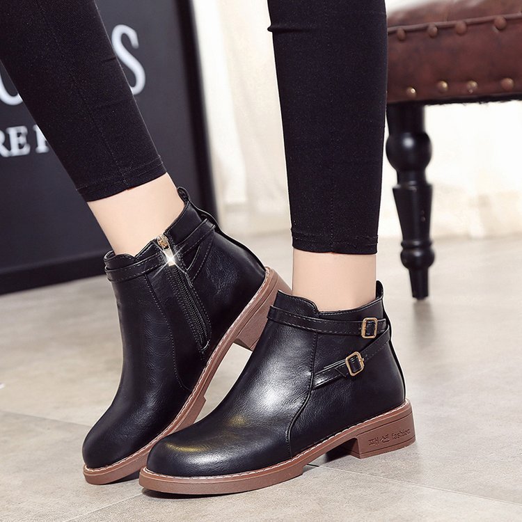 Women's Low Heel Buckle Ankle Boots – PU Leather Side Zipper Round Toe Winter Boots
