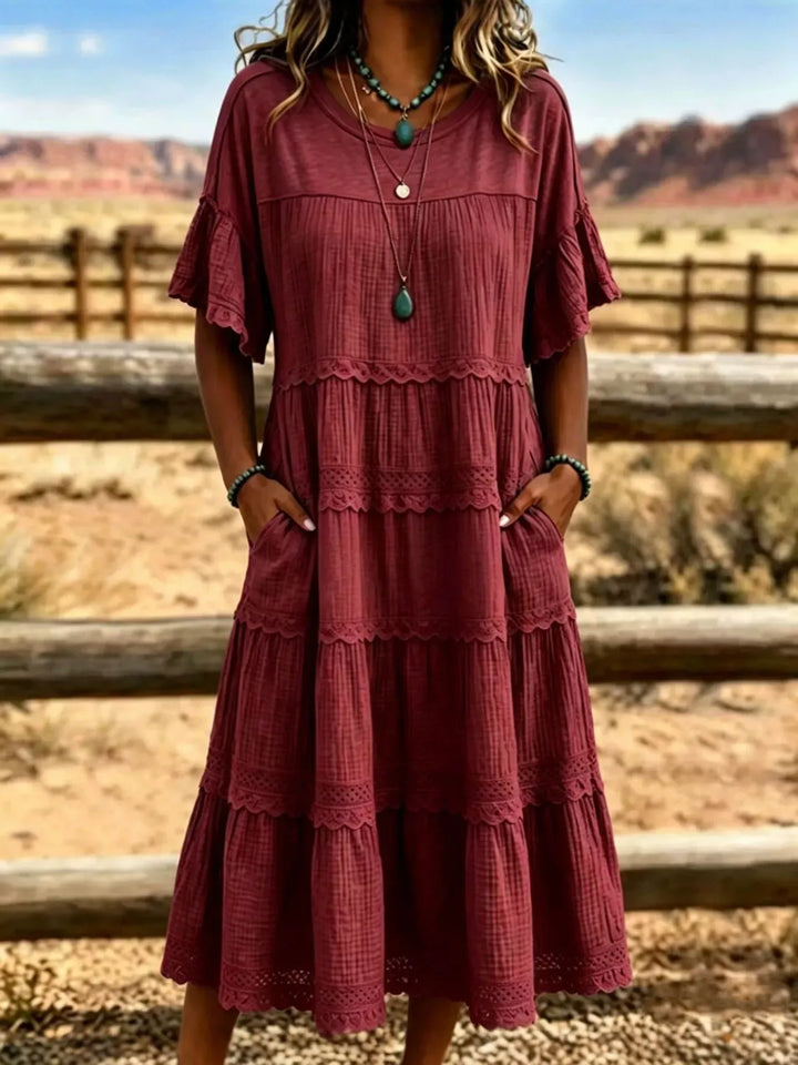 Tiered Ruffle Sleeve Midi Dress with Pockets Plus