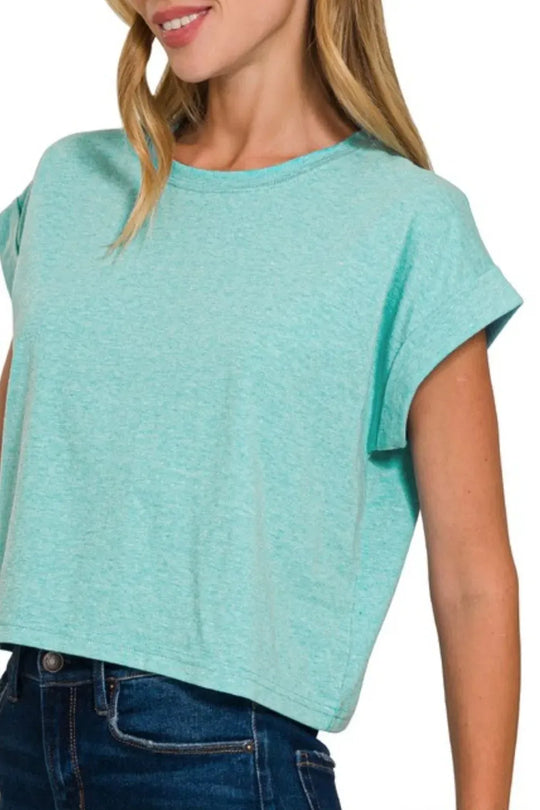 Another view: Rolled Sleeve Crop T-Shirt — H Turquoise