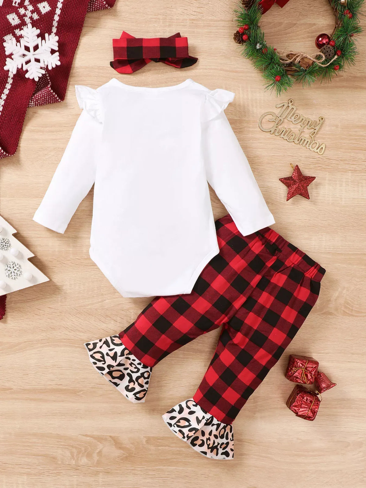 Baby Girls' Christmas Tree Top, Plaid Pants & Headband Set — photo 10