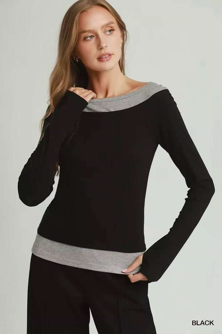 Umgee Layered Long-Sleeve Top with Thumbholes