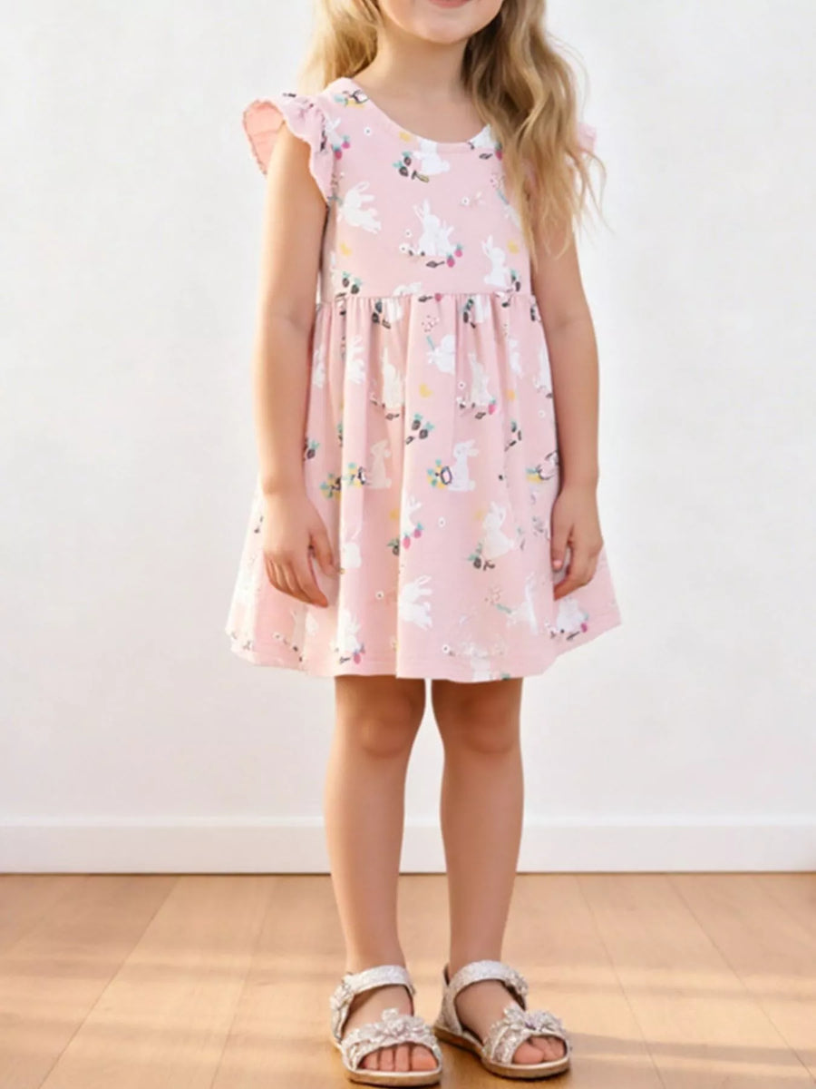 Girls’ Bunny-Print Flutter-Sleeve Dress — Apricot