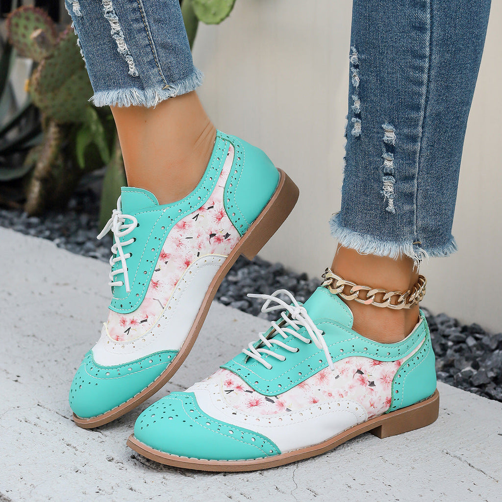 Women's Color-Block Lace-Up Flats Round Toe Casual Shoes – Plus Sizes