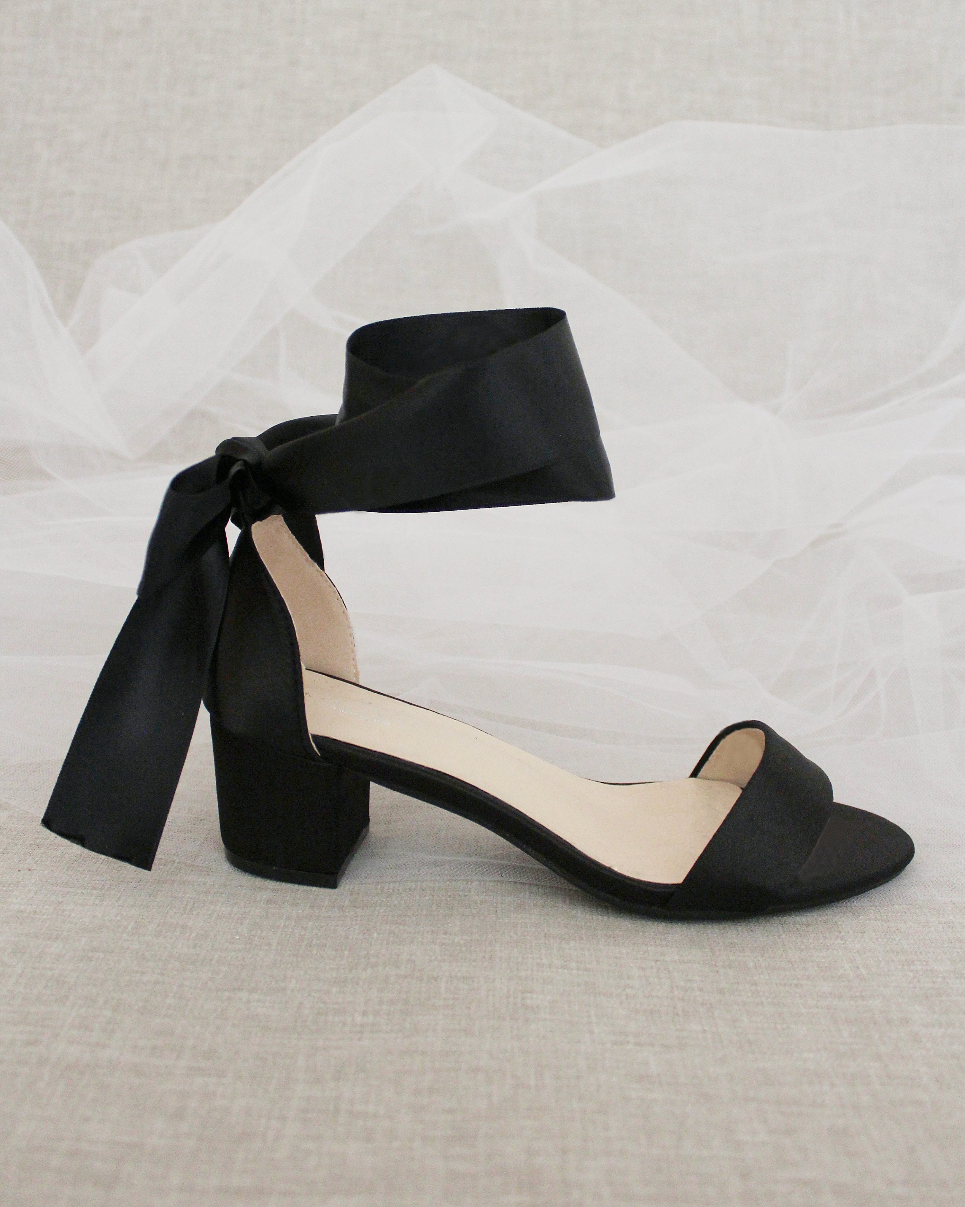Satin Girls Block Heel Sandal with Wrapped Ribbon Tie
