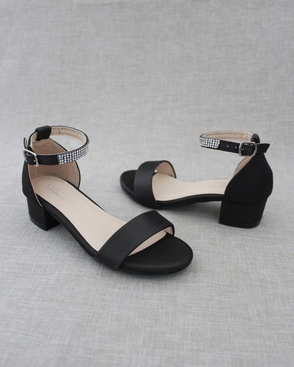 Satin Girls Block Heel Sandals with Mini Rhinestones Embellished Ankle Strap