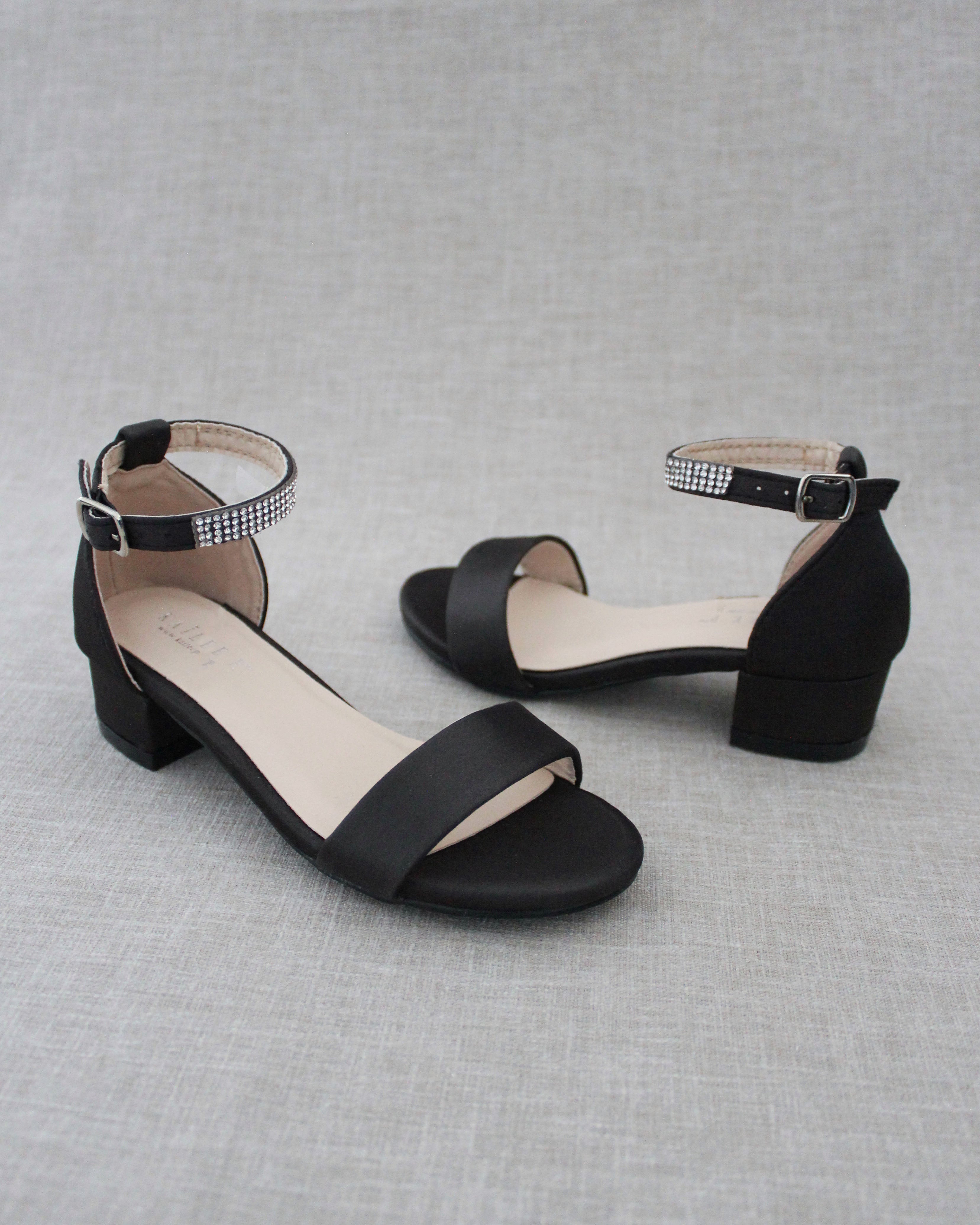 Satin Girls Block Heel Sandals with Mini Rhinestones Embellished Ankle Strap