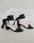 Satin Girls Block Heel Sandal with Wrapped Ribbon Tie
