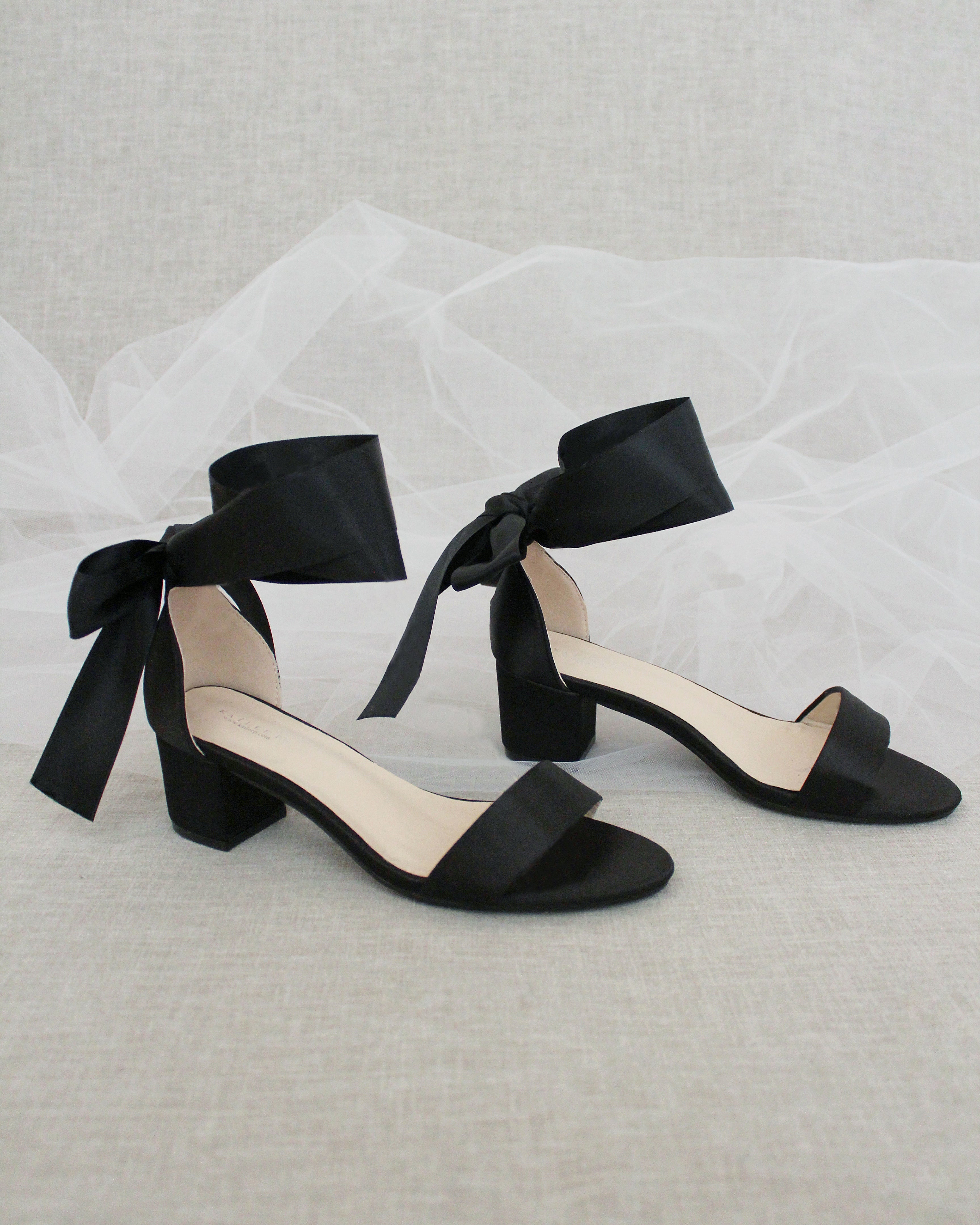 Satin Girls Block Heel Sandal with Wrapped Ribbon Tie