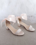 Satin Girls Block Heel Sandal with Wrapped Ribbon Tie