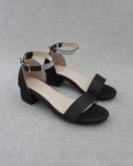 Satin Girls Block Heel Sandals with Mini Rhinestones Embellished Ankle Strap
