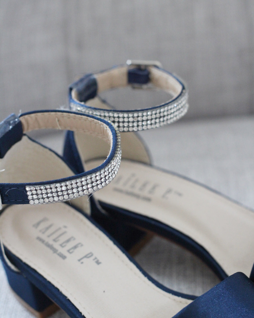 Satin Girls Block Heel Sandals with Mini Rhinestones Embellished Ankle Strap