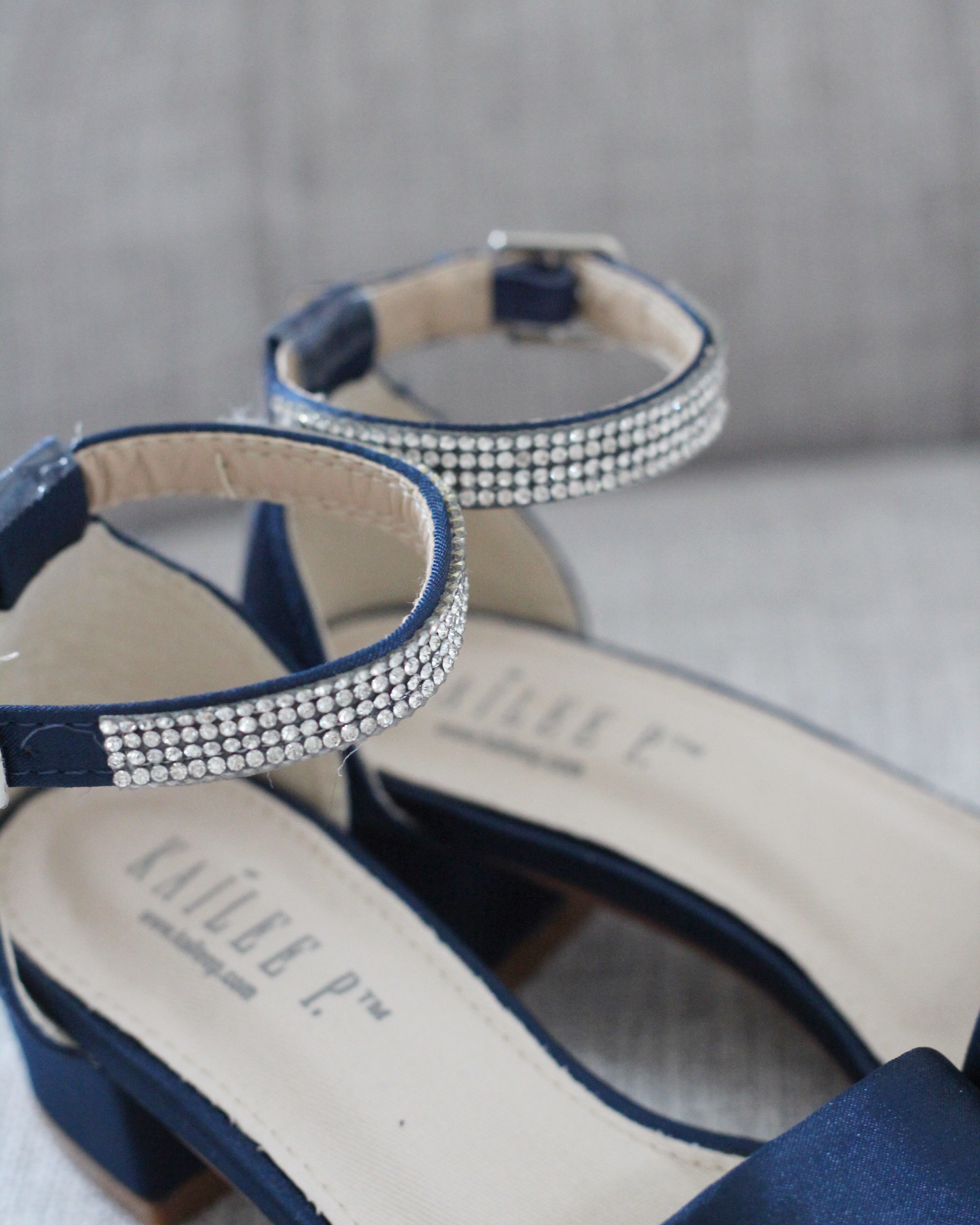 Satin Girls Block Heel Sandals with Mini Rhinestones Embellished Ankle Strap