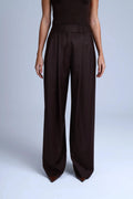 Brown Virgin Wool Pants Monica Wide-Leg in Dark Coffee