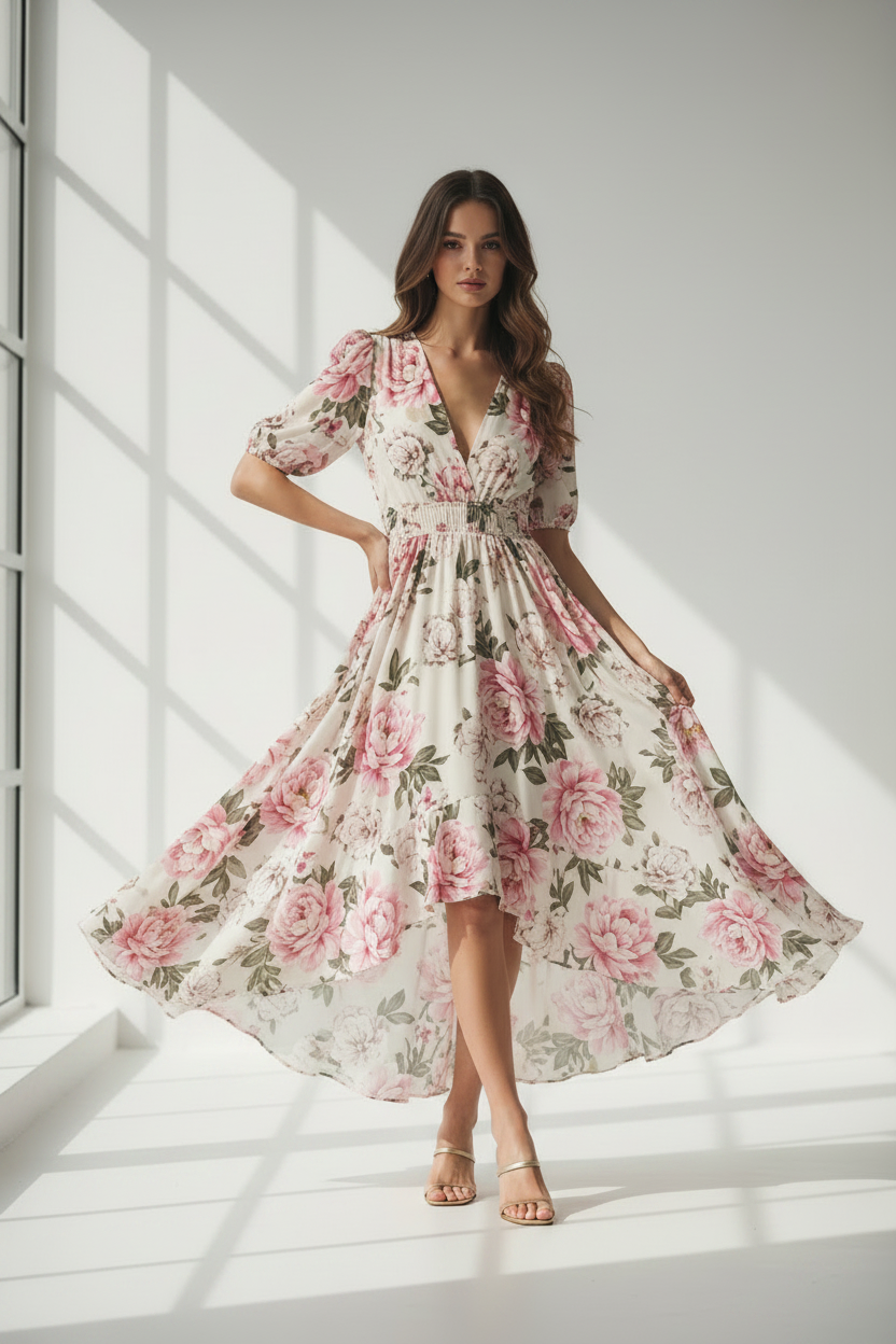 Mlle Gabrielle Floral Dress | V-Neck High-Low Hem Women's Midi