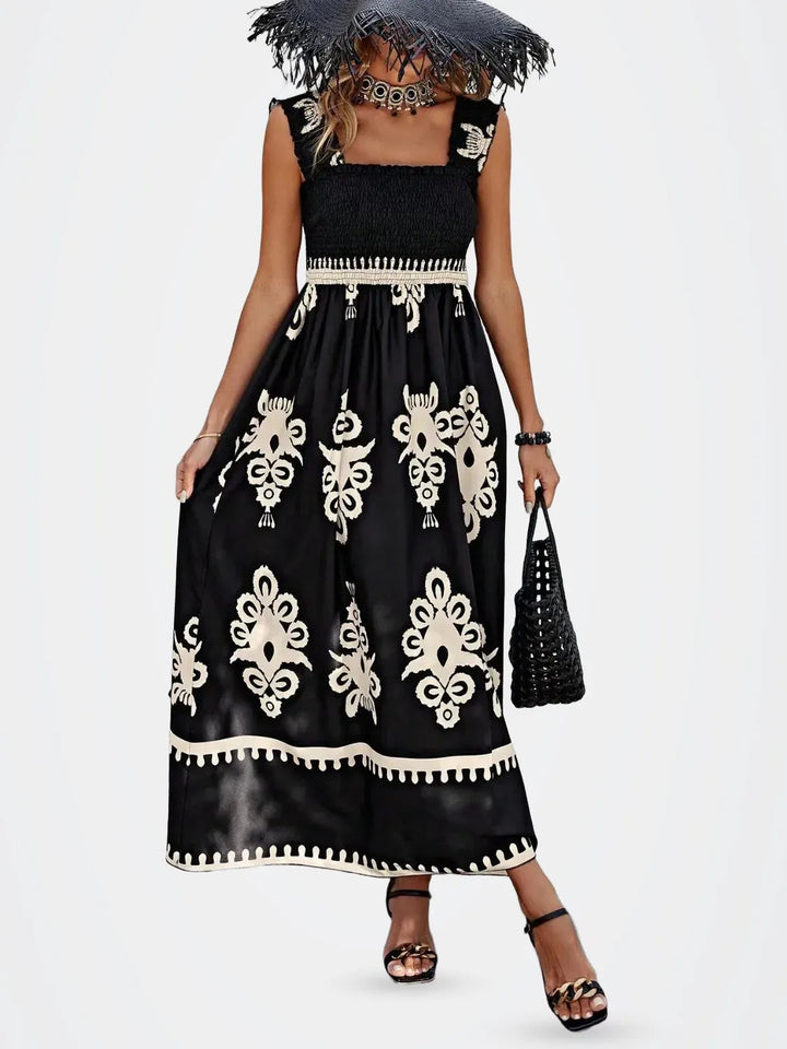 Smocked Printed Wide Strap Maxi Dress