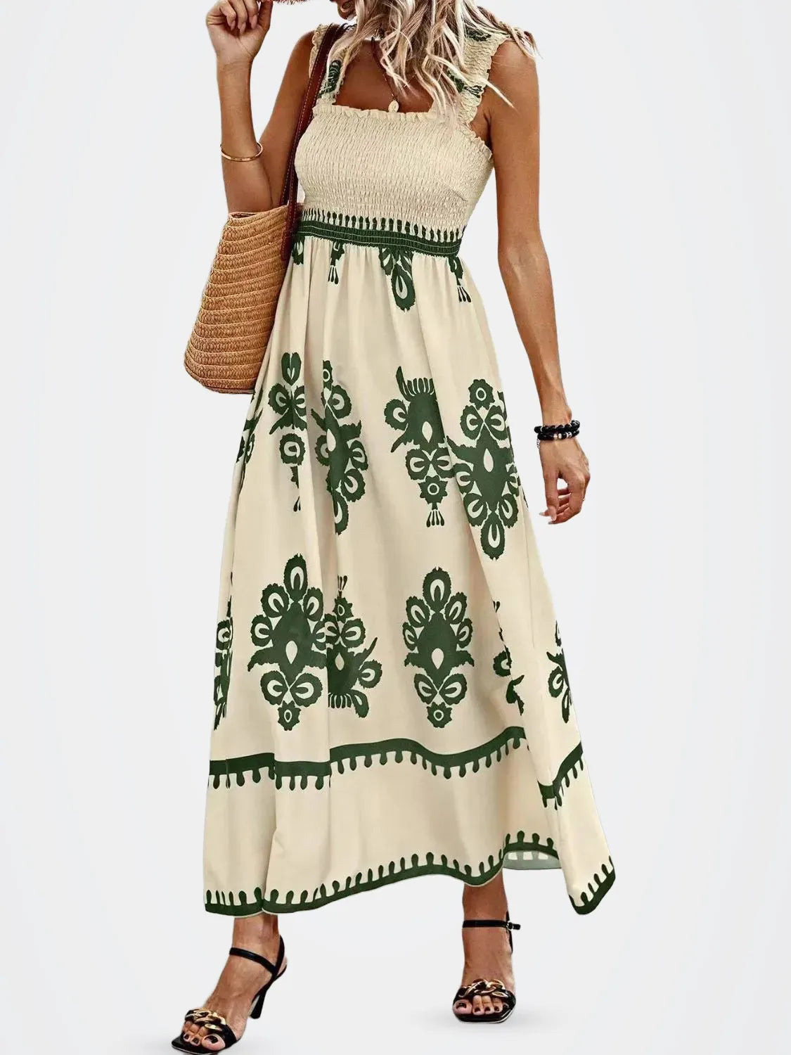 Smocked Printed Wide Strap Maxi Dress — photo 11