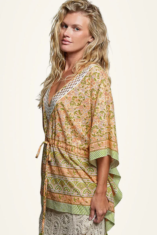 Another view: POL Block Print Floral Tie Front Boho Blouse