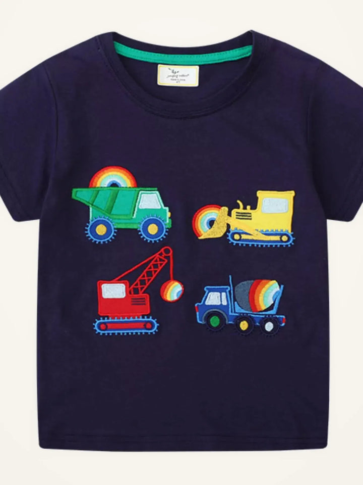 Kids’ Embroidered Construction Vehicle Cotton T-Shirt — Black