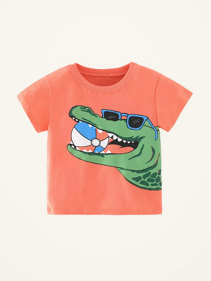 Kids’ Crocodile Graphic Cotton T-Shirt — Coral