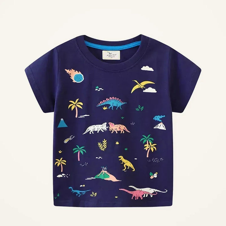 Kids’ Dinosaur-Print Cotton T-Shirt — Dark Navy