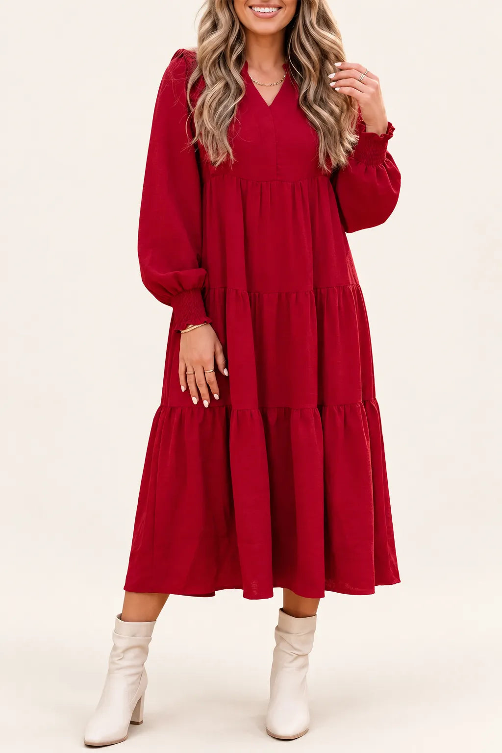 Burgundy Ruffle-Trim Tiered Midi Dress — photo 1