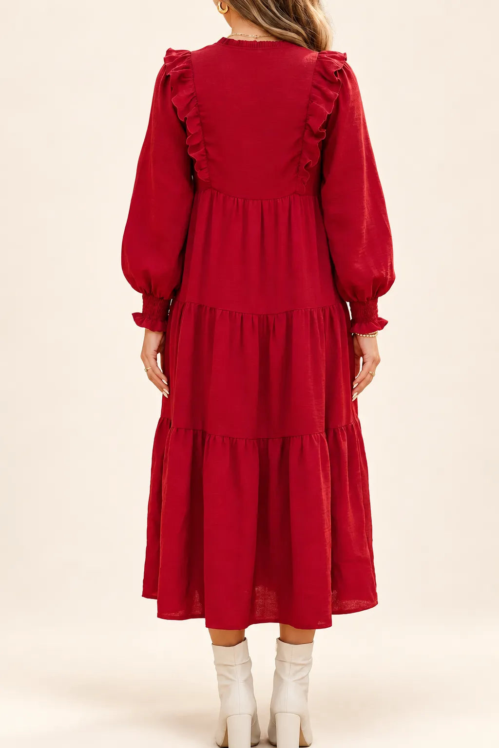 Burgundy Ruffle-Trim Tiered Midi Dress — photo 2