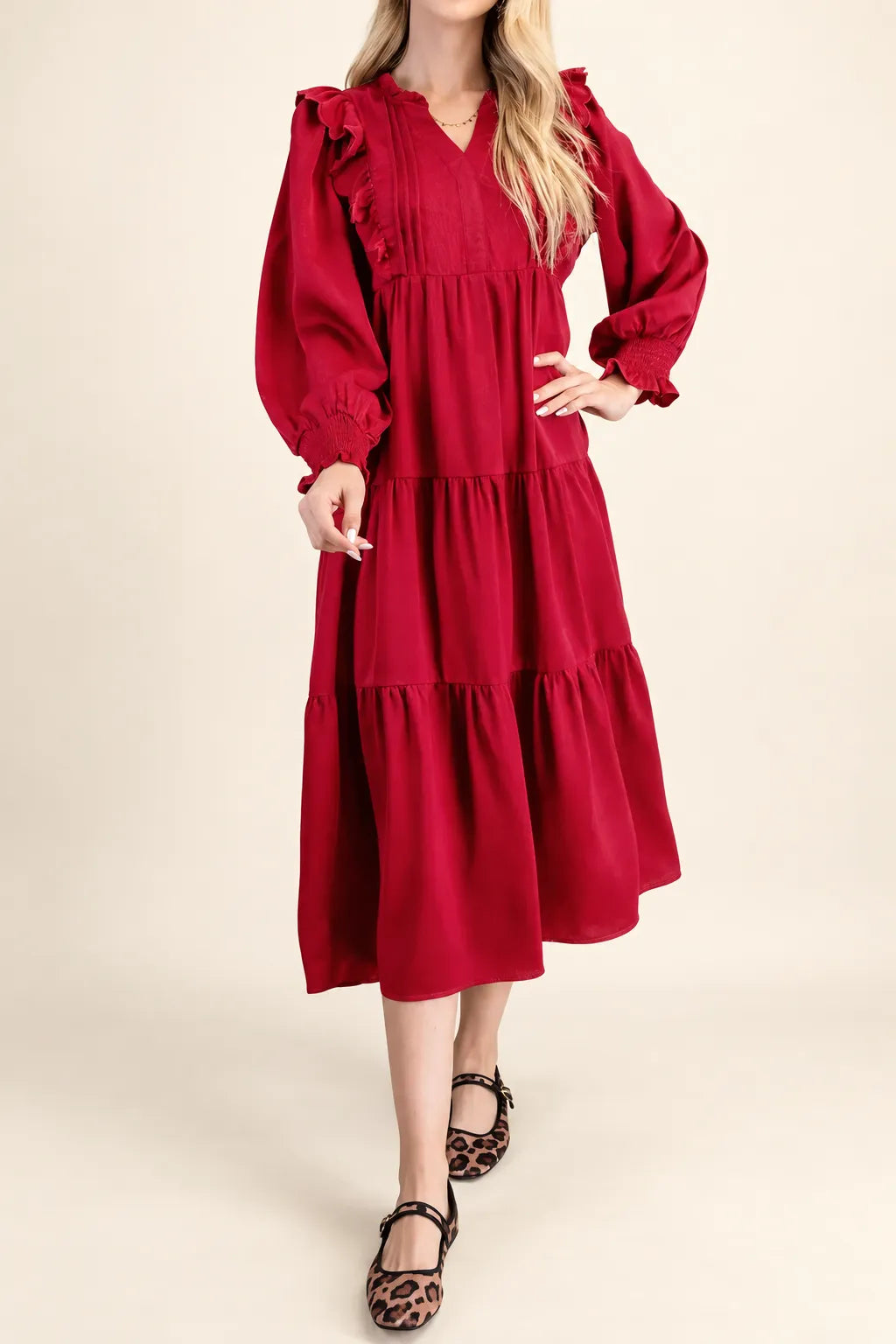Burgundy Ruffle-Trim Tiered Midi Dress — photo 3