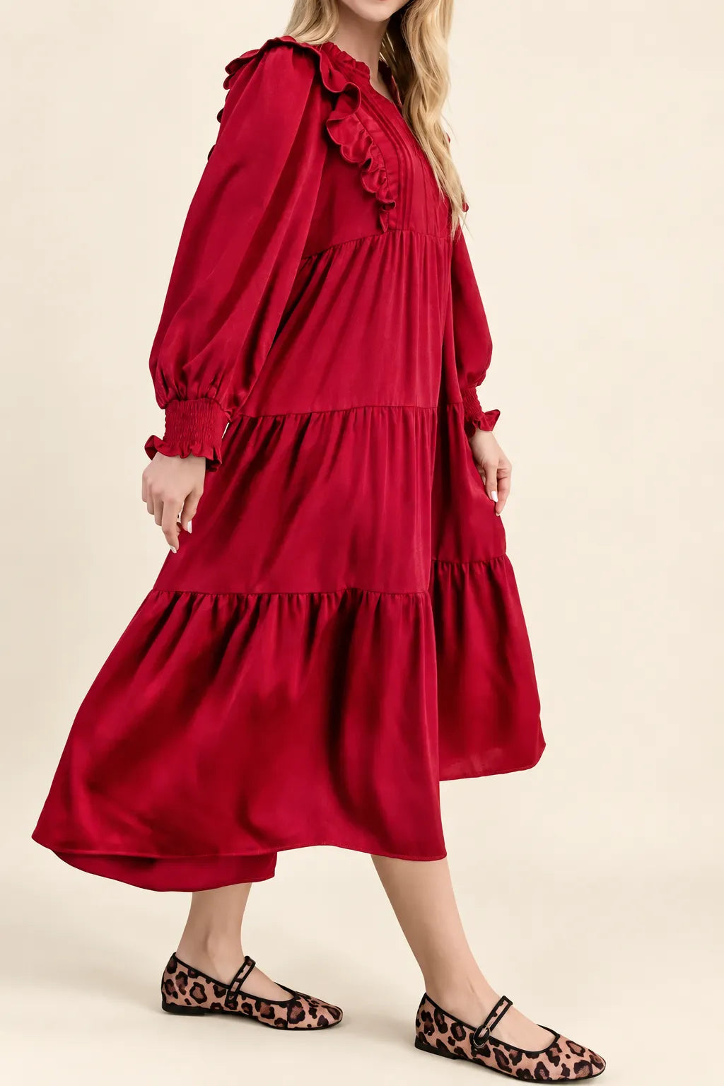 Burgundy Ruffle-Trim Tiered Midi Dress — photo 4