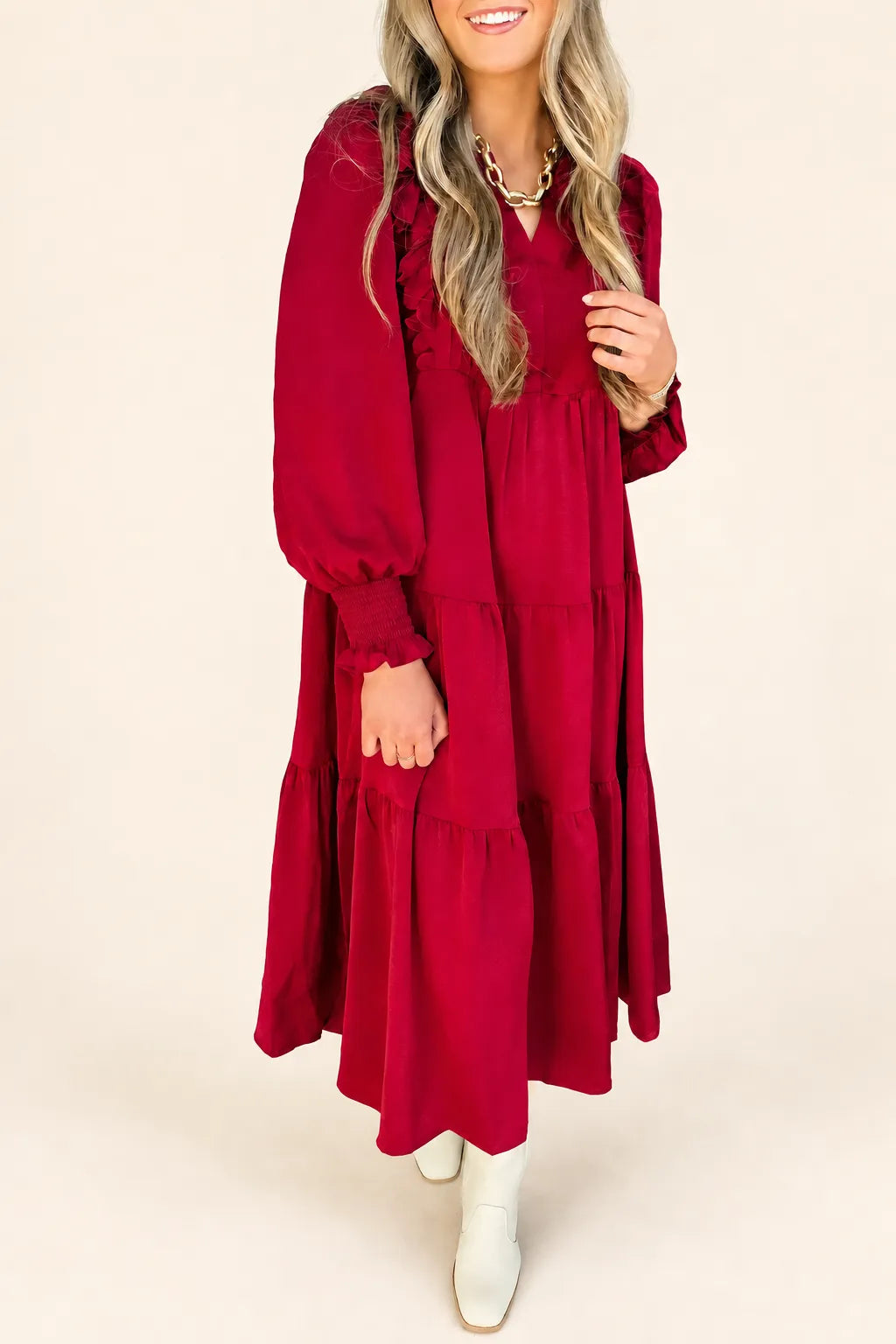 Burgundy Ruffle-Trim Tiered Midi Dress — photo 5