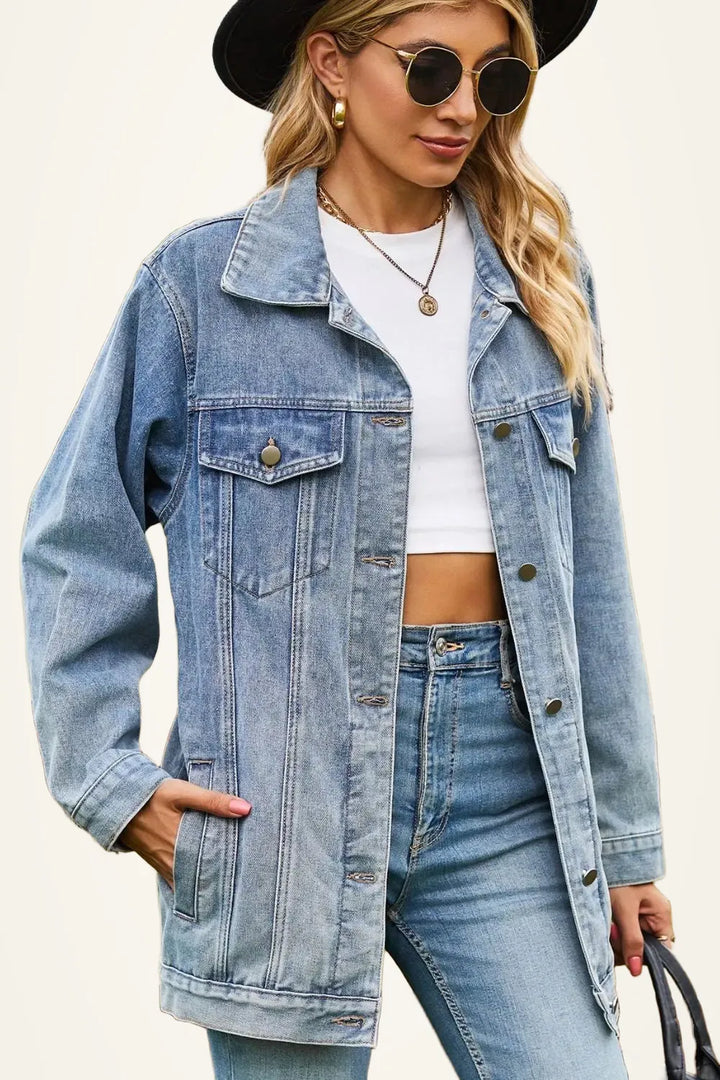 Buttoned Collared Neck Denim Jacket with Pockets