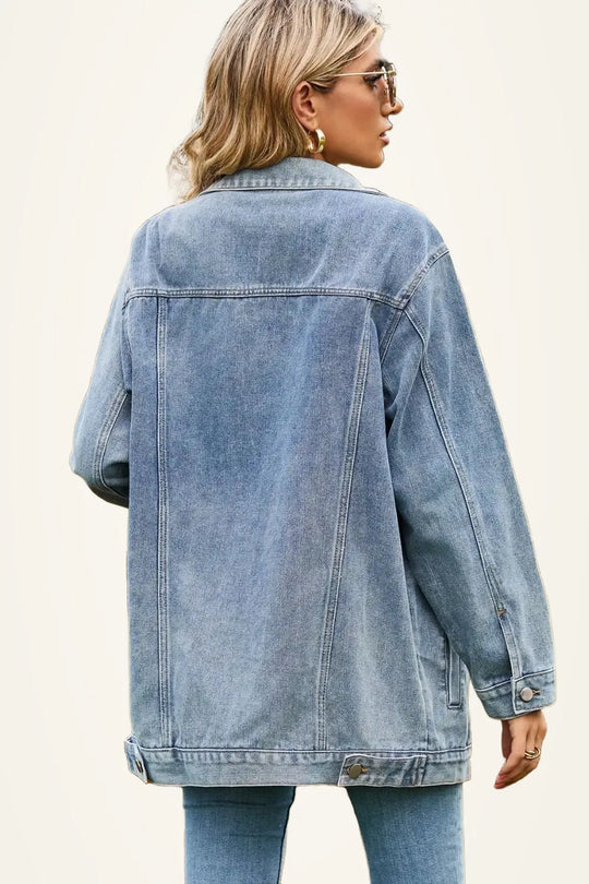 Another view: Buttoned Collared Neck Denim Jacket with Pockets
