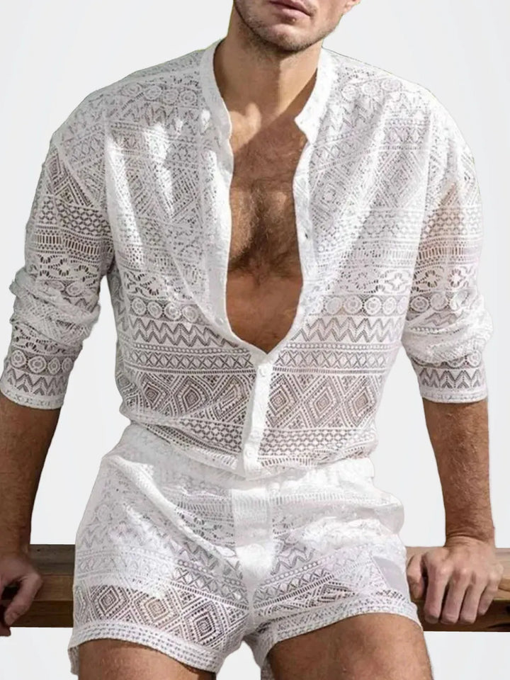 Men's Full Size Lace Button Down Top and Shorts Set Plus Size