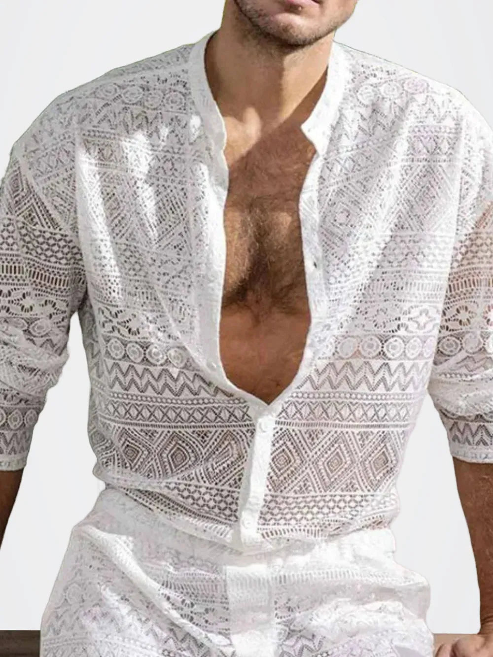 Men's Full Size Lace Button Down Top and Shorts Set Plus Size — photo 2