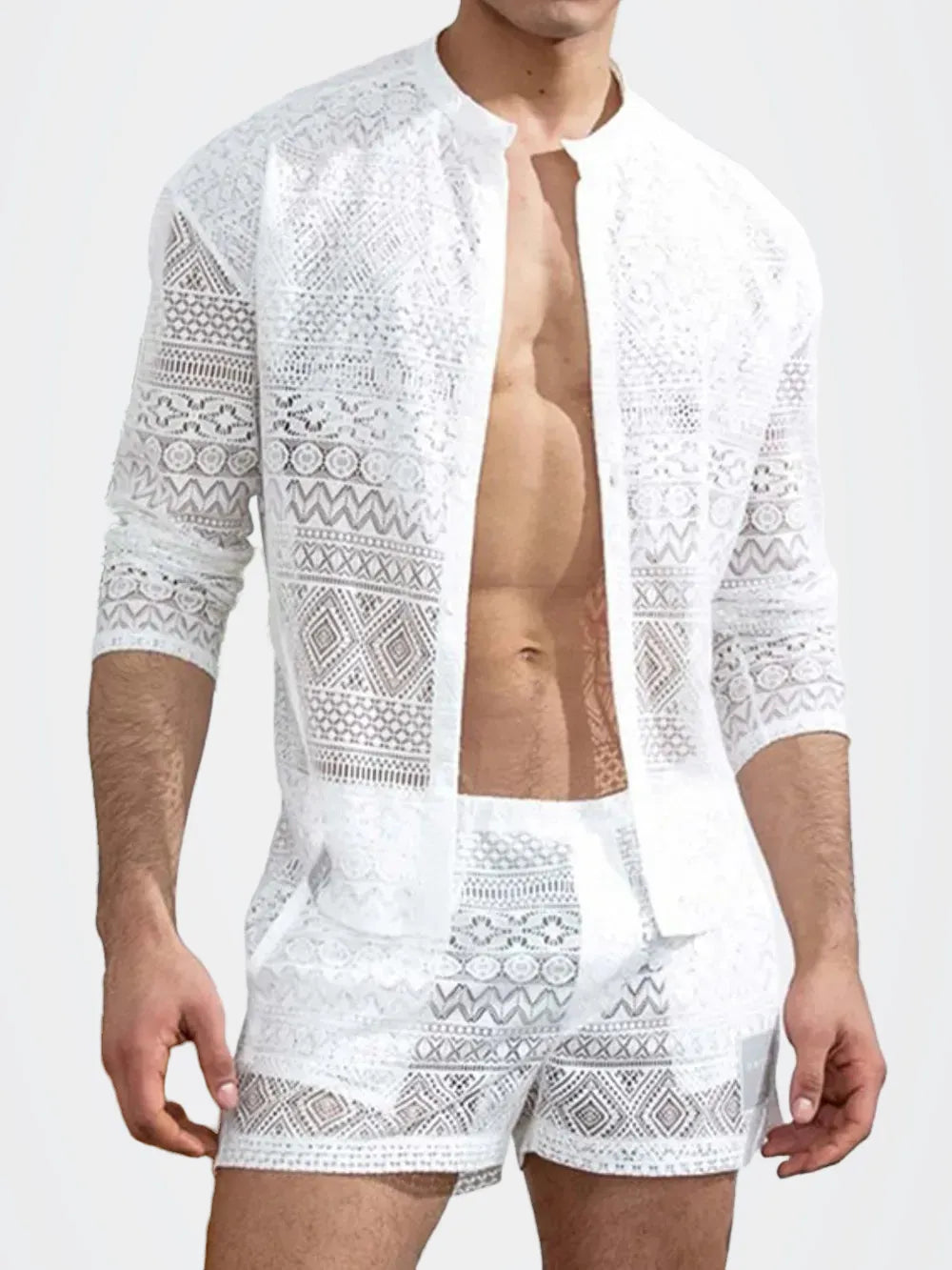 Men's Full Size Lace Button Down Top and Shorts Set Plus Size — photo 4