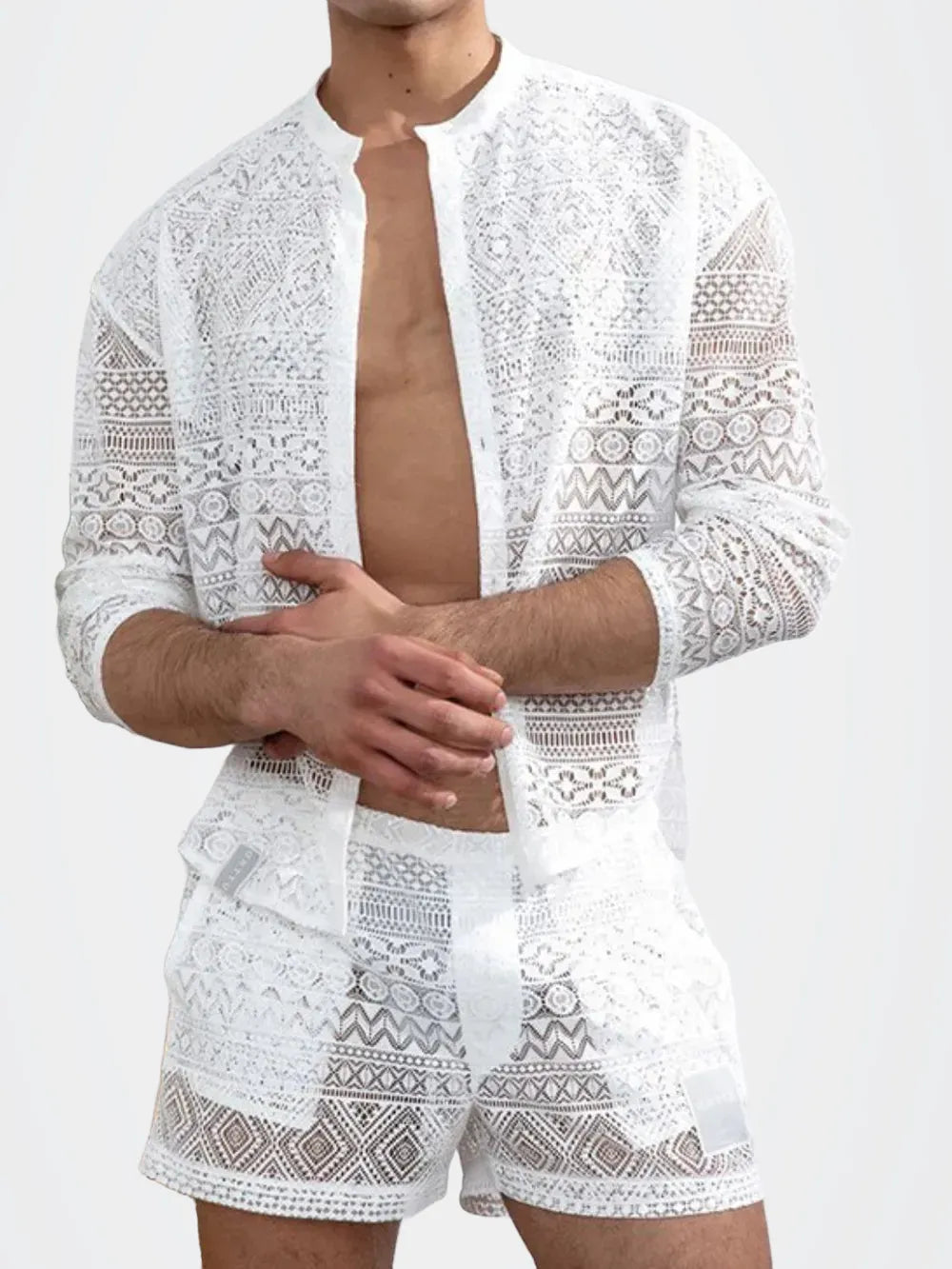Men's Full Size Lace Button Down Top and Shorts Set Plus Size — photo 5