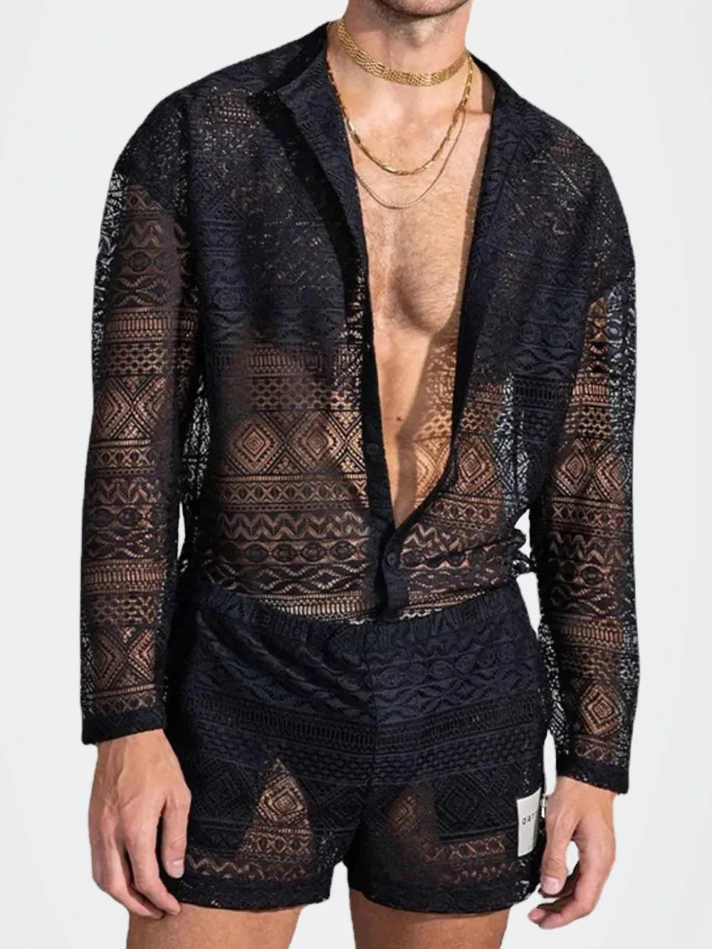 Men's Full Size Lace Button Down Top and Shorts Set Plus Size — photo 7