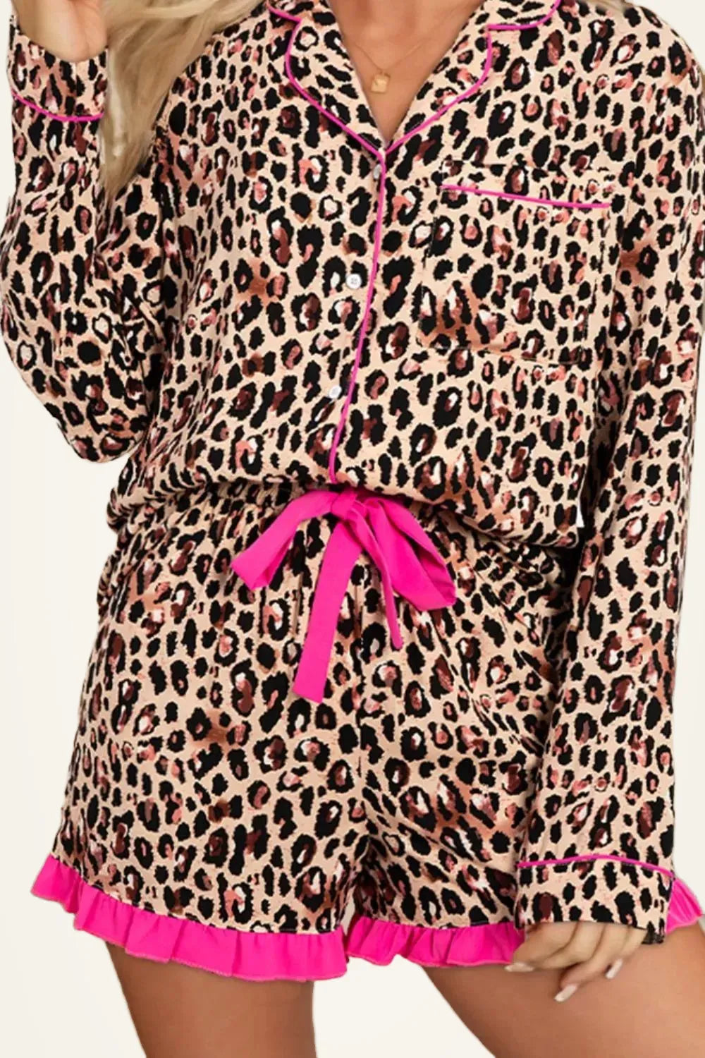 Leopard Print Contrast Trim Shirt & Ruffle Shorts Set — photo 3