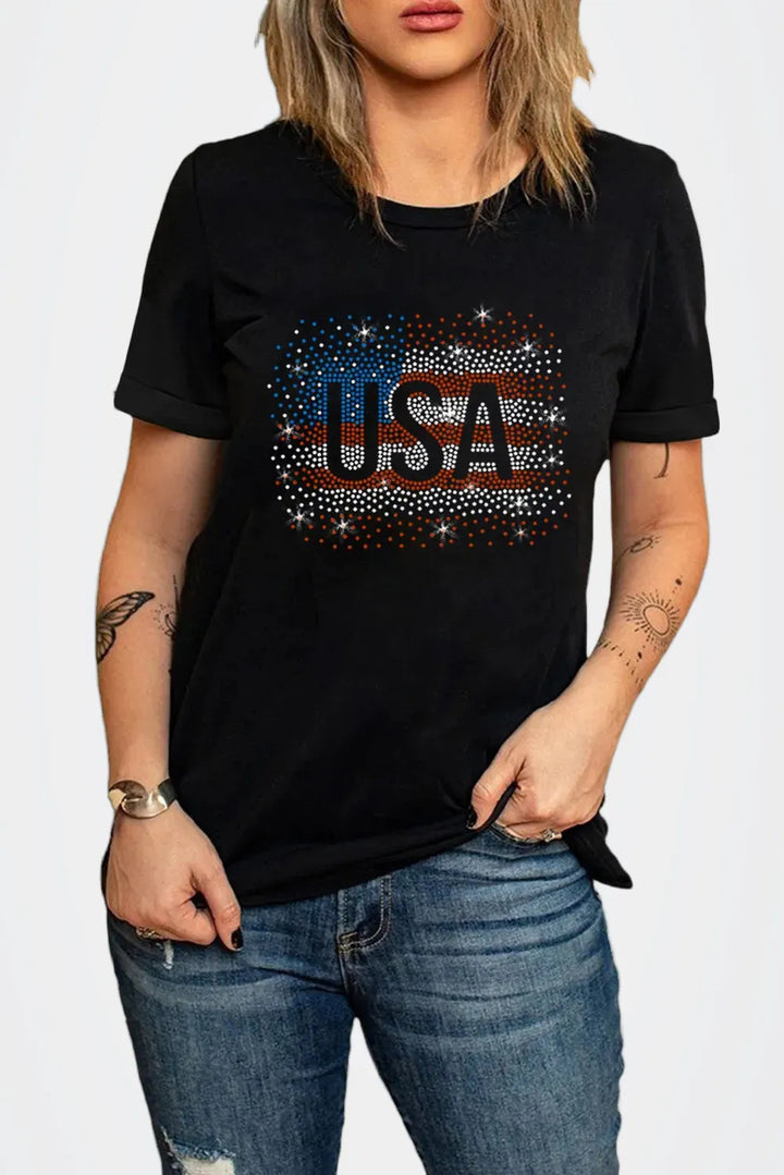 USA Rhinestone Round Neck Short Sleeve T-Shirt