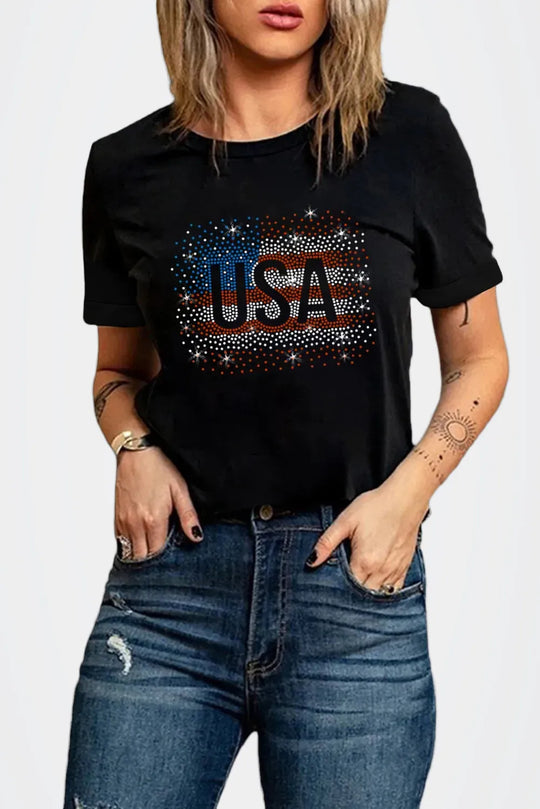 Another view: USA Rhinestone Round Neck Short Sleeve T-Shirt