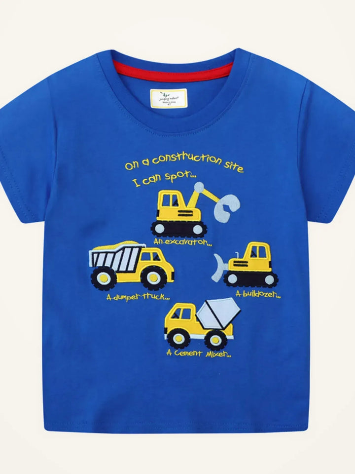 Kids’ Construction Vehicles Cotton T-Shirt — Blue