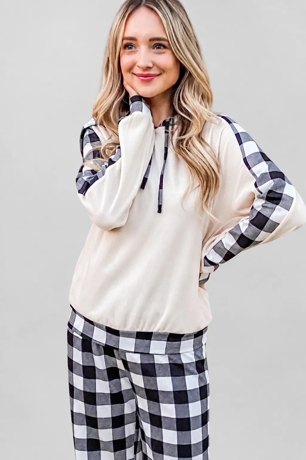 Drawstring Hooded Top & Plaid Pants Lounge Set — photo 1