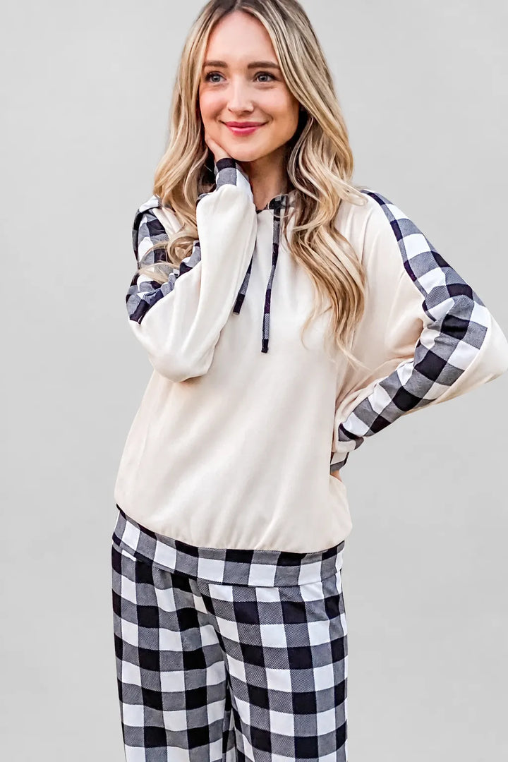 Drawstring Hooded Top & Plaid Pants Lounge Set