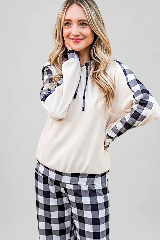 Another view: Drawstring Hooded Top & Plaid Pants Lounge Set