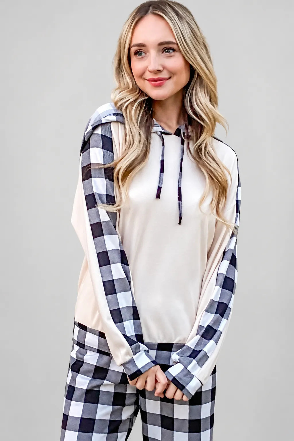 Drawstring Hooded Top & Plaid Pants Lounge Set — photo 3
