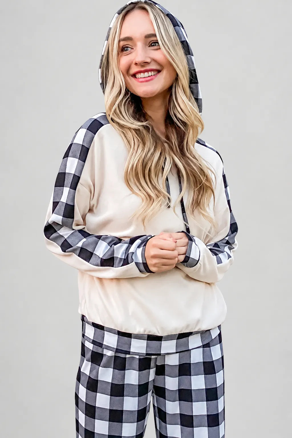 Drawstring Hooded Top & Plaid Pants Lounge Set — photo 4