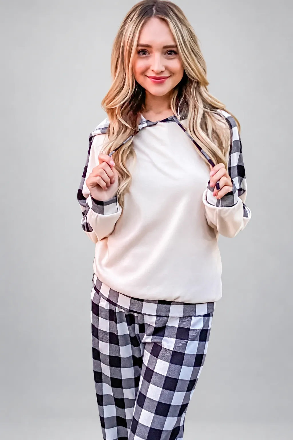 Drawstring Hooded Top & Plaid Pants Lounge Set — photo 5