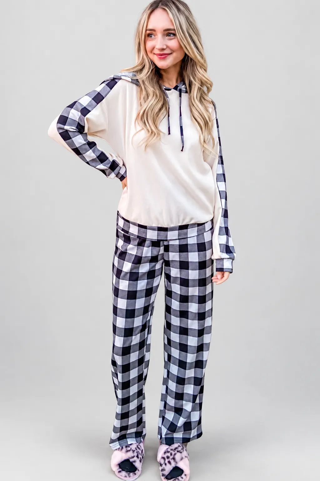 Drawstring Hooded Top & Plaid Pants Lounge Set — photo 6