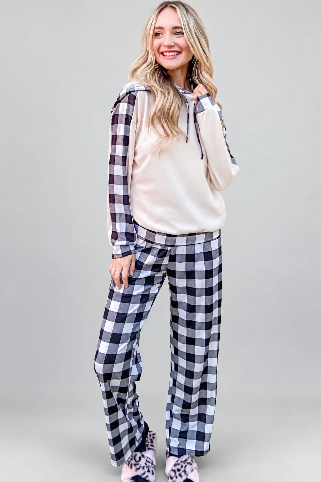 Drawstring Hooded Top & Plaid Pants Lounge Set — photo 7