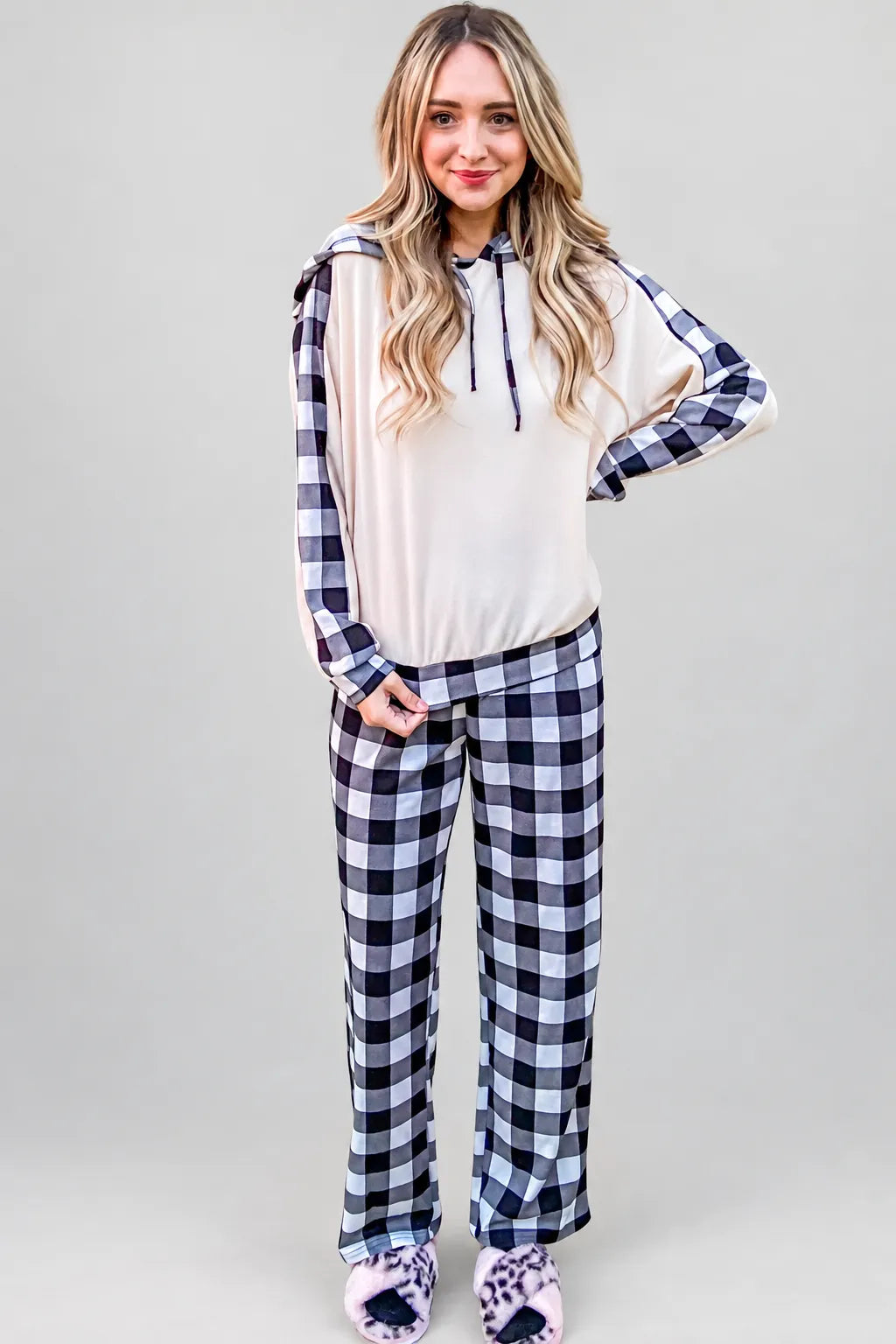 Drawstring Hooded Top & Plaid Pants Lounge Set — photo 8