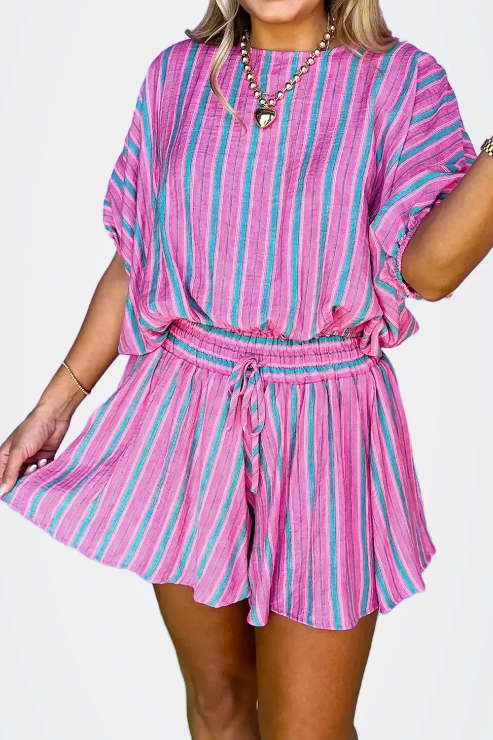 Stripe Dolman Short Sleeve Blouse Drawstring Elastic Waist Loose Short Set — photo 4